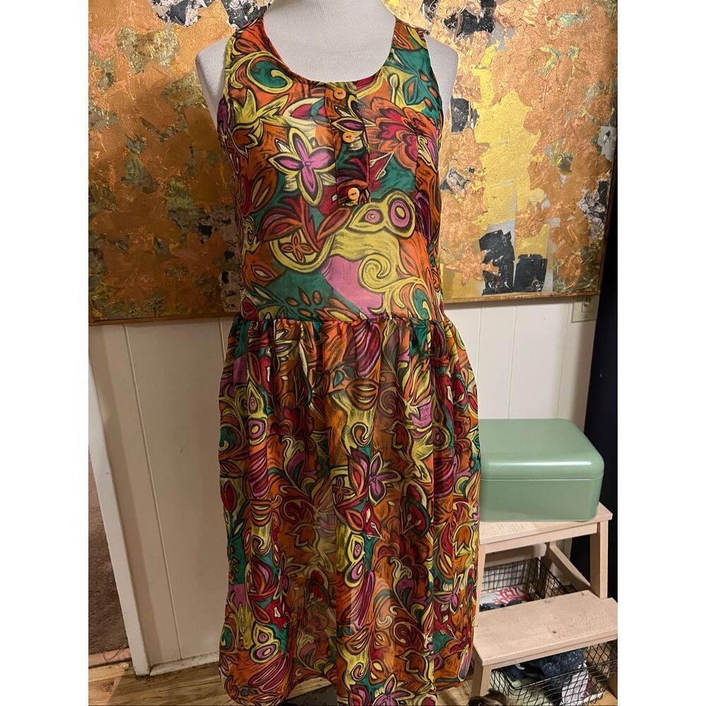 Vintage We Be Bop Sheer Boho Tropical Print Rayon Dress S
